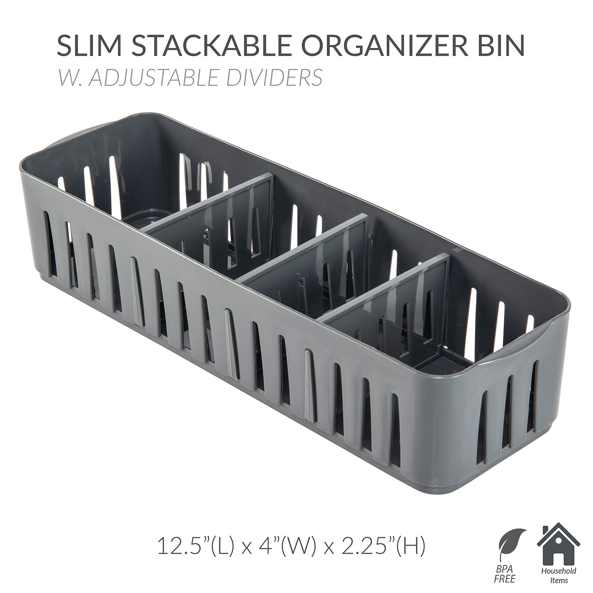 Simplify 4 Compartment Stackable Bin with Adjustable Dividers | Drawer Organizer | Storage Basket |