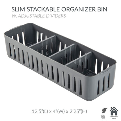 Simplify 4 Compartment Stackable Bin with Adjustable Dividers | Drawer Organizer | Storage Basket |