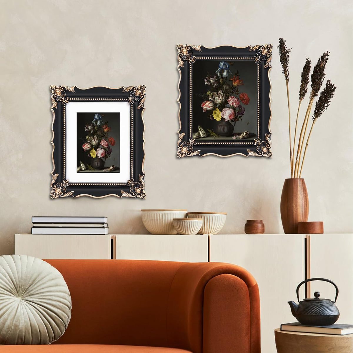 8x10 Vintage Picture Frame with Embossed Flower Design, Black Ornate Frame for 8x10 or 5x7 Pictures