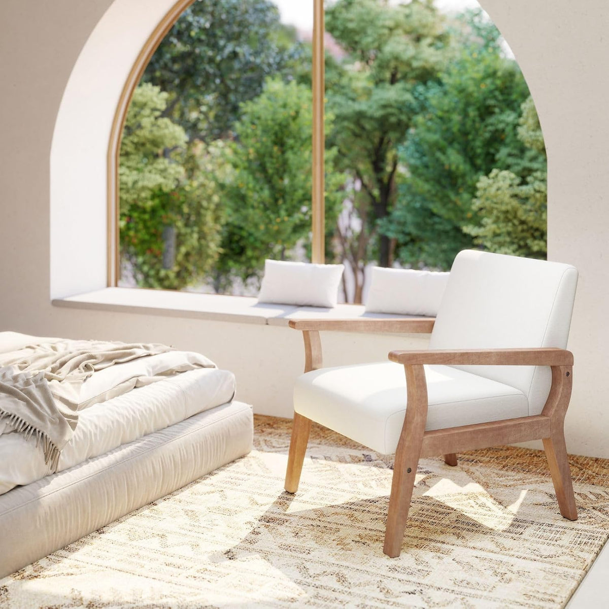 Beige Accent Chair Mid Century Modern Armchair Wood Sitting Chair Linen Fabric Upholstered Side