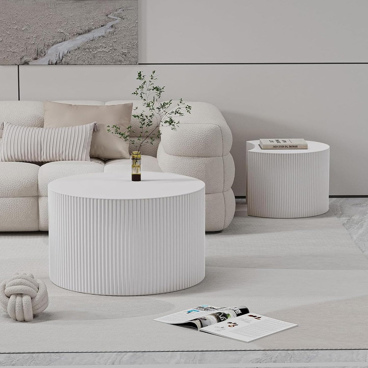 Nesting Coffee Table Set of 2 Modern Handcraft Fluted Coffee and End Table Sets Wooden Drum Small