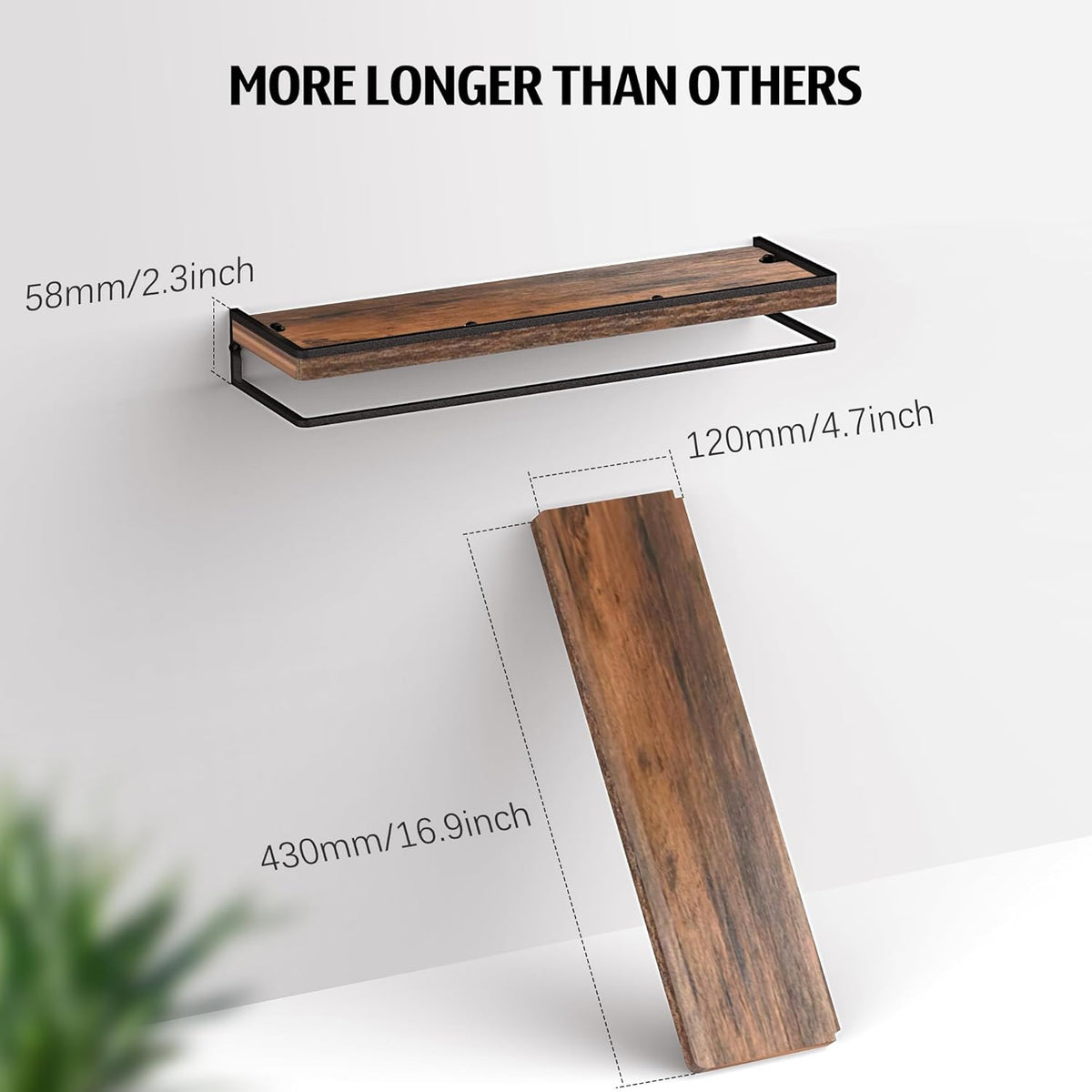 Meangood Floating Shelves Wall Mounted Set of 2, Wall Shelf with Towel Bar Rustic Wood Wall Storage