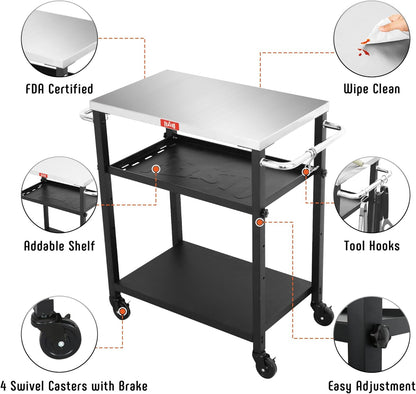 3-Shelf Grill Table,Pizza Oven Stand with Adjustable Shelf, Movable Grill Cart, for Outside,Outdoor