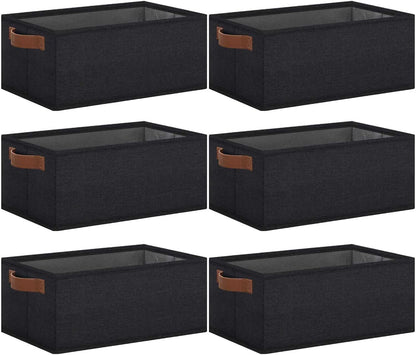GhvyenntteS Small Fabric Storage Bins 6 Pack, 11.8" x 7.87" x 5.11" Storage Basket with Leather