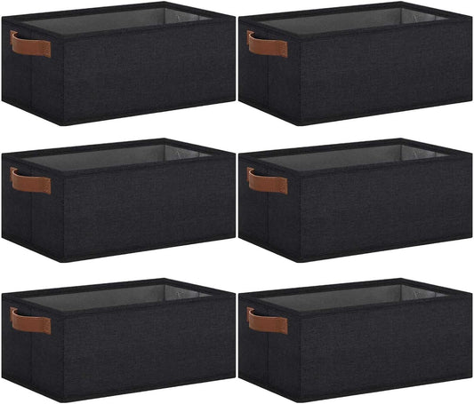 GhvyenntteS Small Fabric Storage Bins 6 Pack, 11.8" x 7.87" x 5.11" Storage Basket with Leather