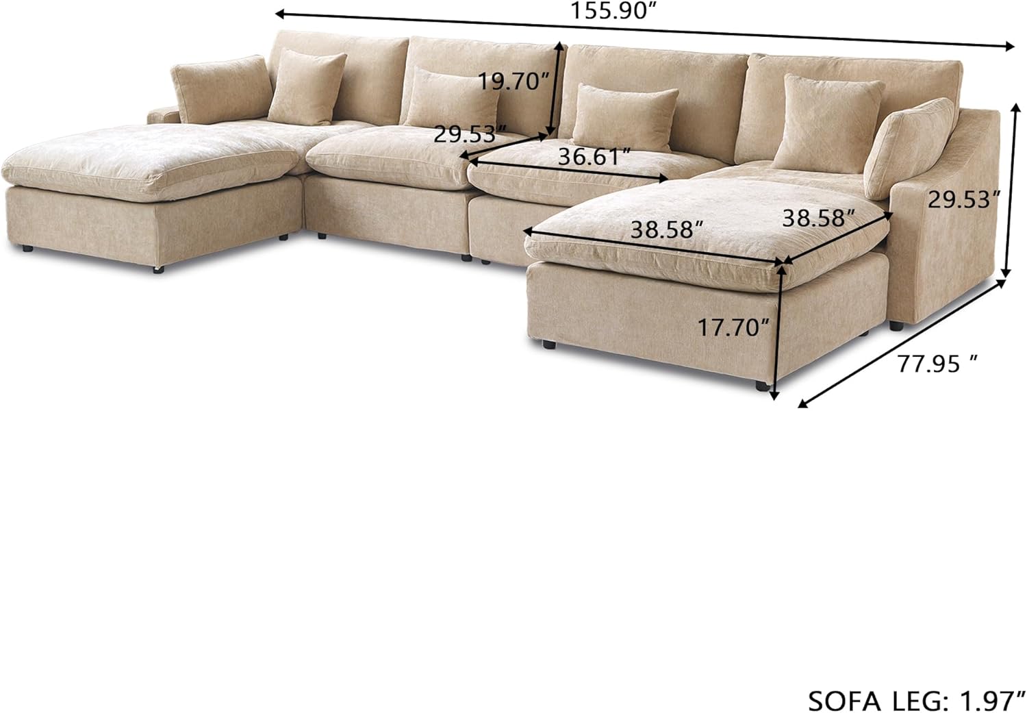 JACH U-Shaped Sectional Couches for Living Room, Cloud Sectional Couch with Deep Seat, 155.9"