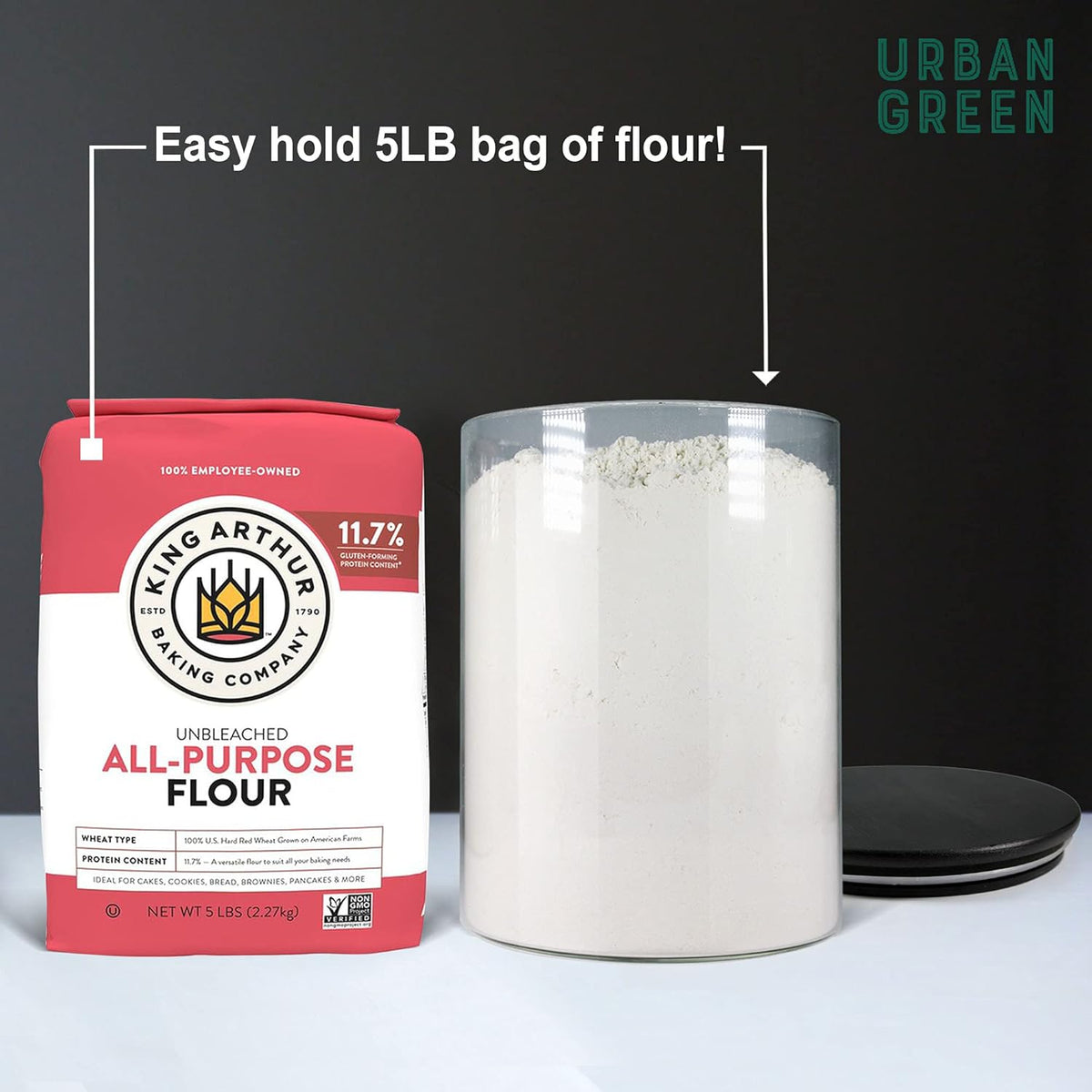 Urban Green Glass Jars with Black Lids, Glass Food Storage Canister with black lids, Pantry Flour