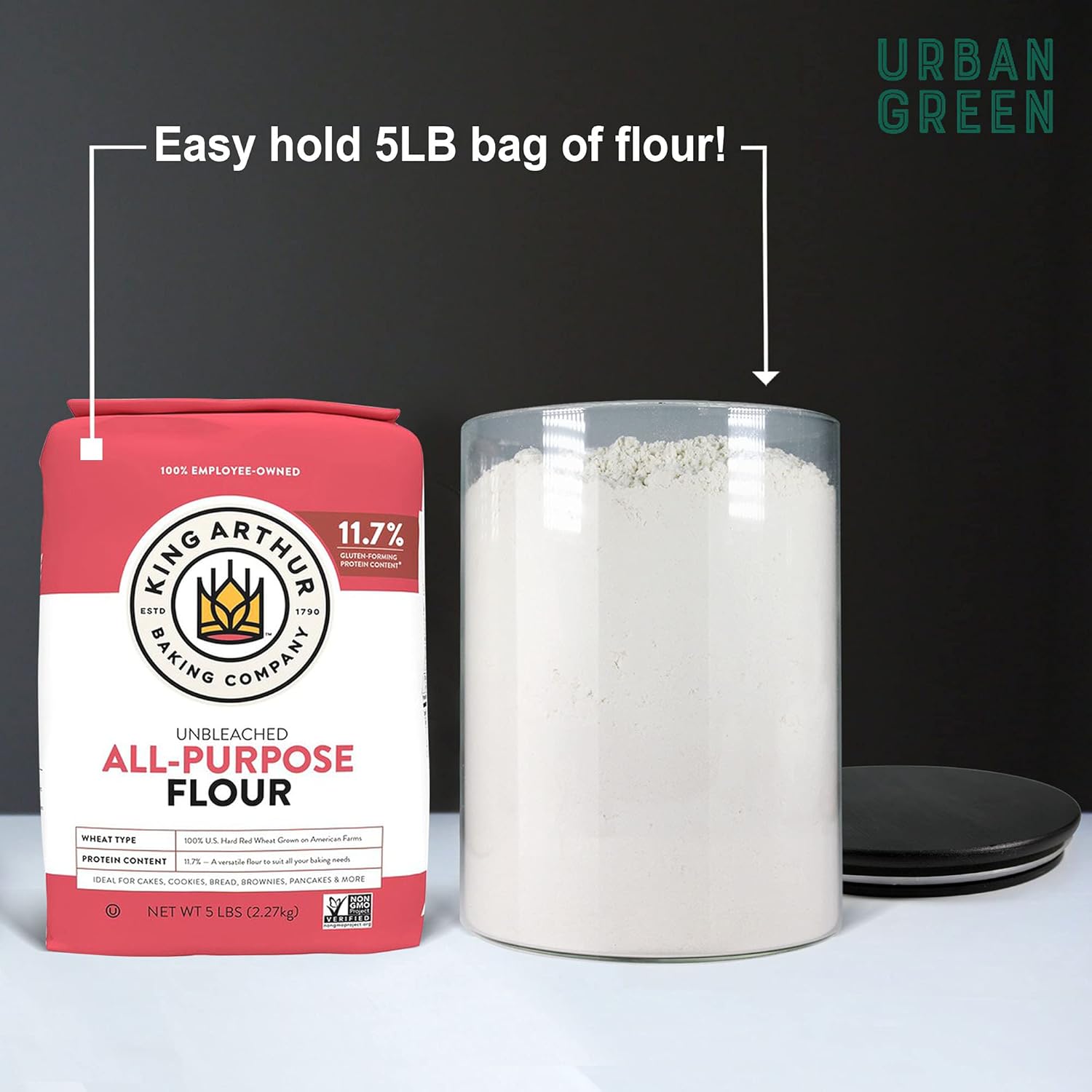 Urban Green Glass Jars with Black Lids, Glass Food Storage Canister with black lids, Pantry Flour
