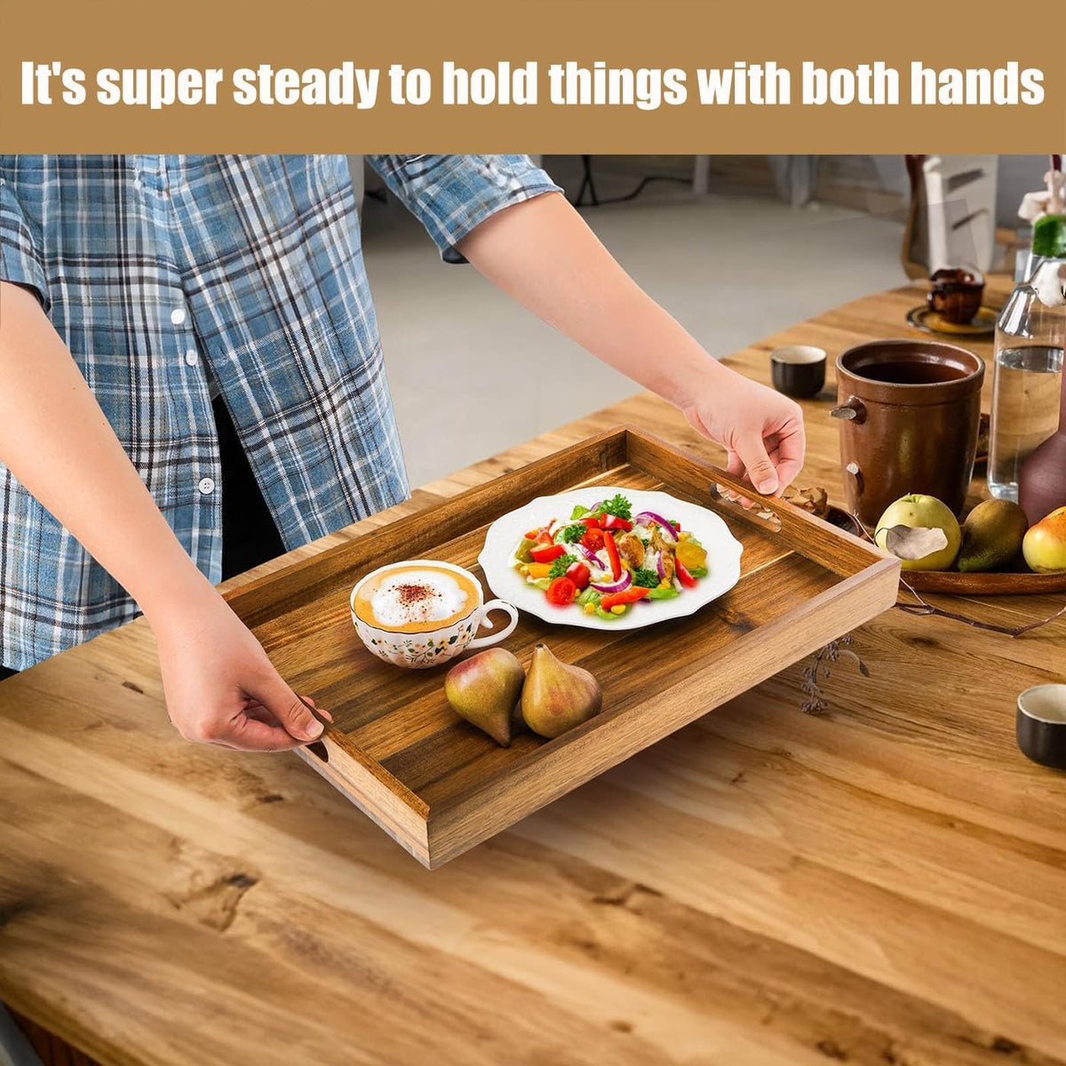 Acacia Wood Serving Tray with Handles - 17-Inch Large Wooden Tray for Ottoman - Perfect for