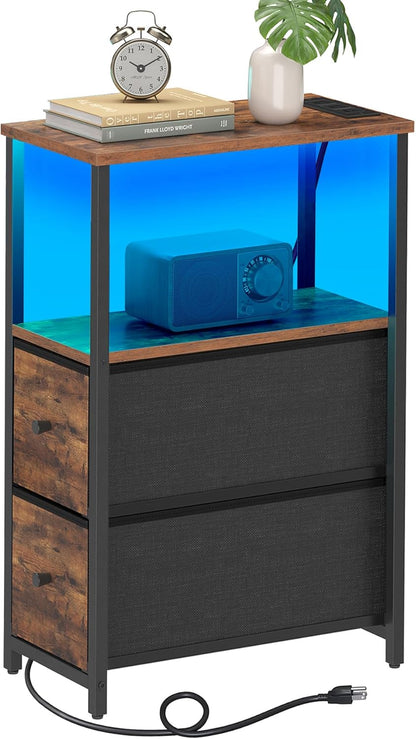 TUTOTAK Small Narrow LED End Table with Charging Station, Side Table Outlets, Nightstand with 2
