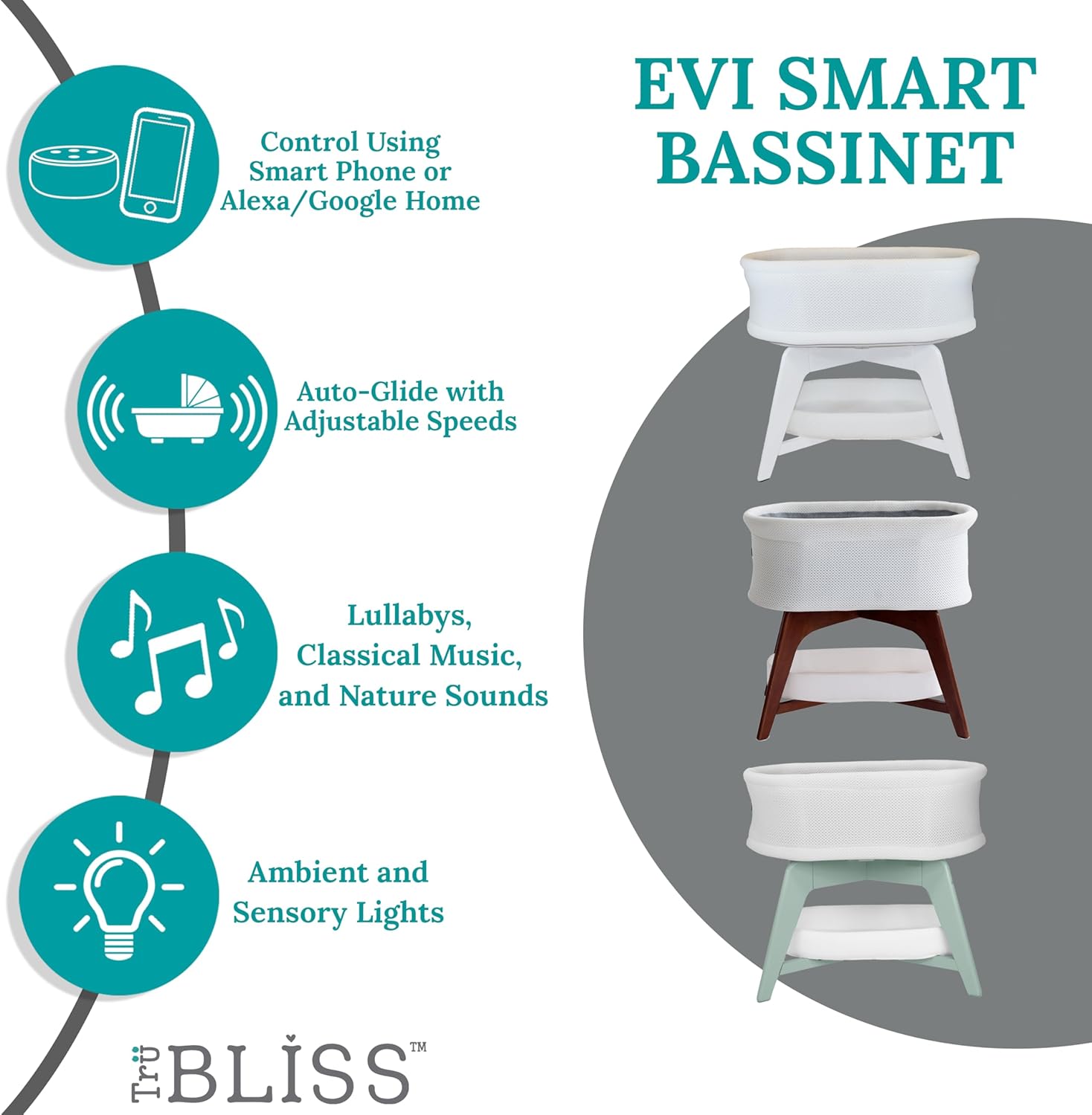 Evi Smart Baby Bassinet Beside Sleeper with Auto-Glide, Ambient Nightlight & Sensory Sounds