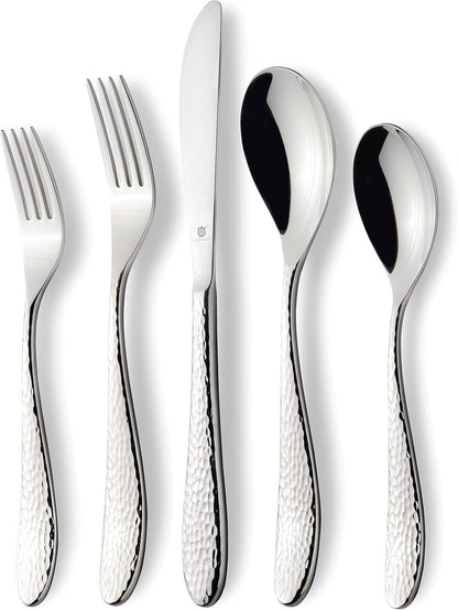 Hammered Silverware Set | Premium 18/10 Stainless Steel Flatware Service for 6 | Heavy-Duty &