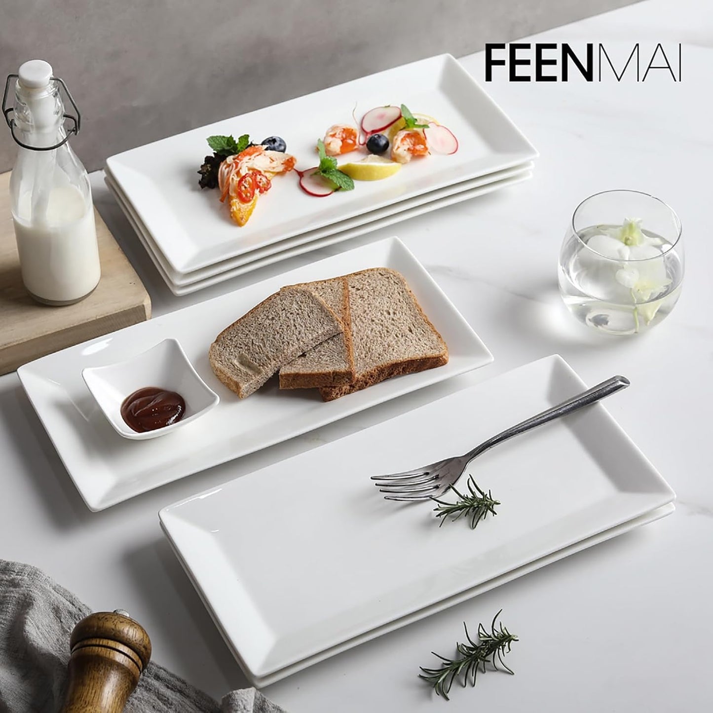12" Serving Platters Set of 4, White Rectangular Plates, Ceramic Serving Tray, Stackable Large