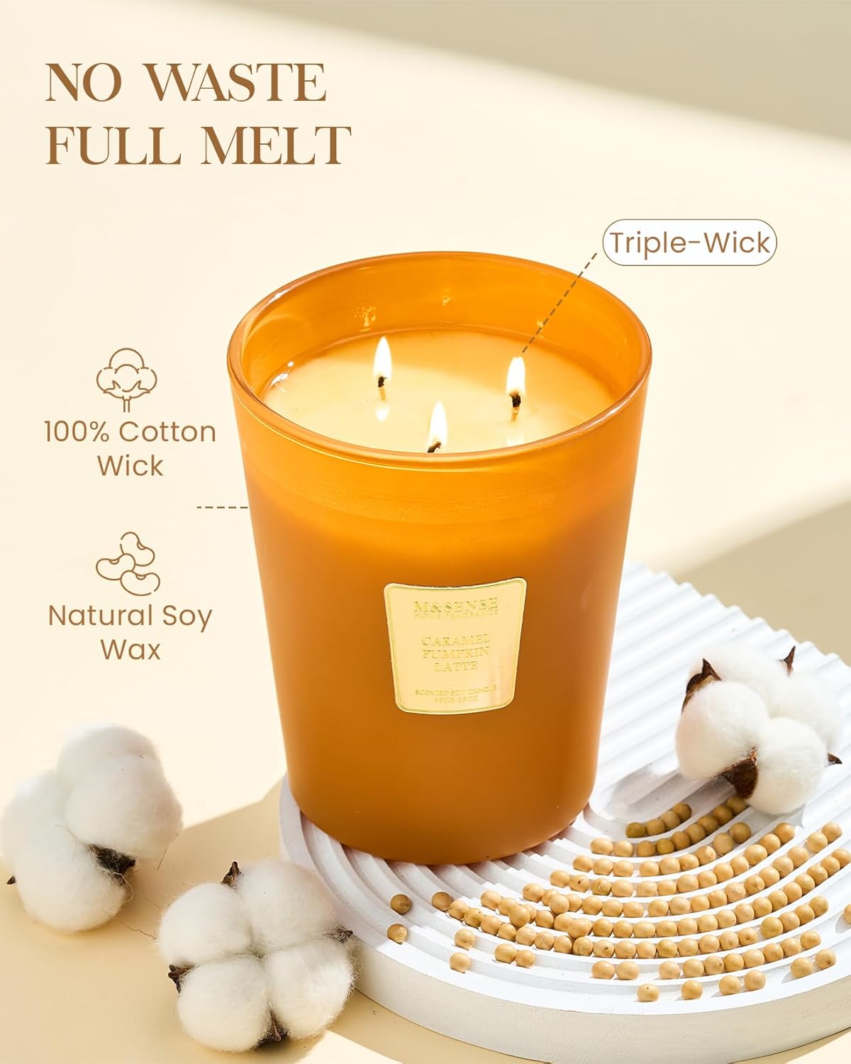 M&SENSE Large Candles Caramel Pumpkin Latte Scented, 3 Wick Natural Soy Candles for Home Scented