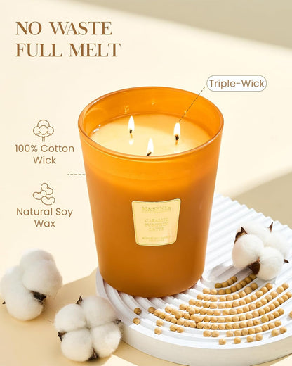 M&SENSE Large Candles Caramel Pumpkin Latte Scented, 3 Wick Natural Soy Candles for Home Scented
