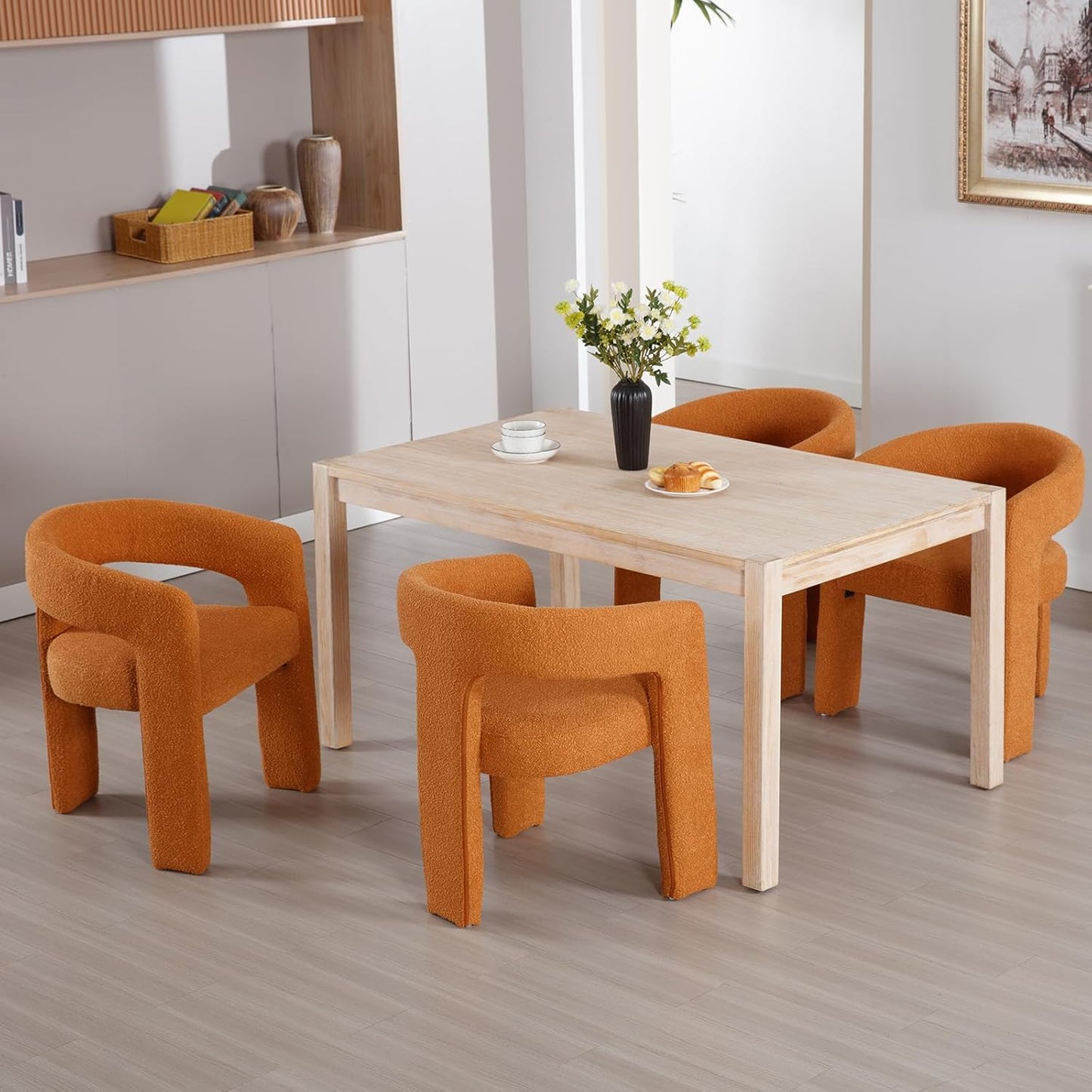 Orange Sherpa Dining Chairs Set of 6, Modern Barrel Dining Room Chairs Upholstered Faux Fur Accent