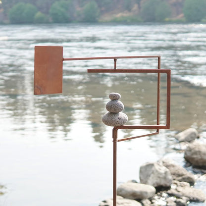 Modern Zen Garden Spinner Kinetic Wind Sculpture with Rock Cairn & Stake - Relaxing Outdoor