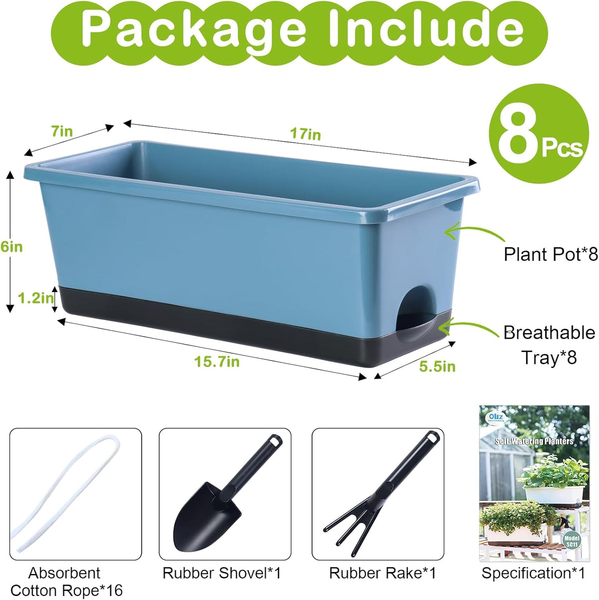 Window Box Planter 8 Pcs, 17 Inches Rectangle Flower Pots with Drainage Holes and Trays, Vegetable