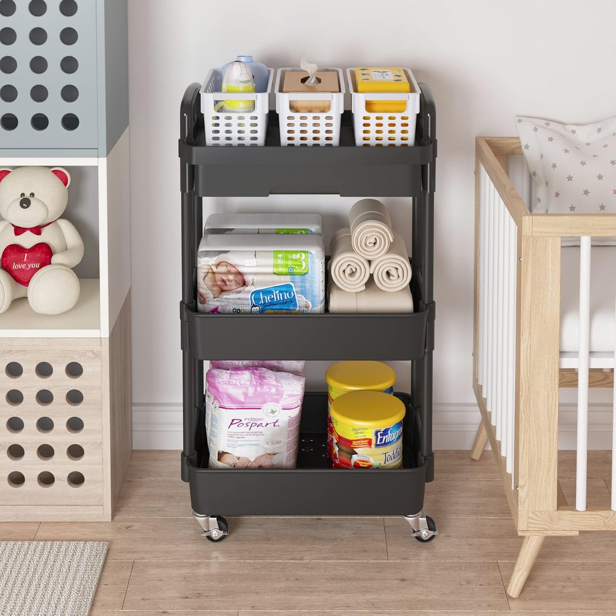 Calmootey 3-Tier Rolling Utility Cart with Drawer,Multifunctional Storage Organizer with Plastic