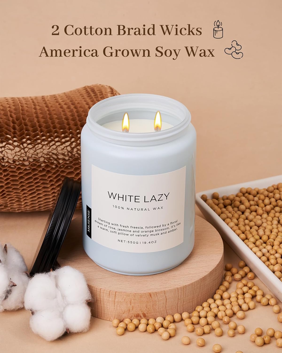M&SENSE Spring Scented Candle, Jasmine Clean Cotton Soy Wax Large 19.4oz 110 Hour Long Lasting