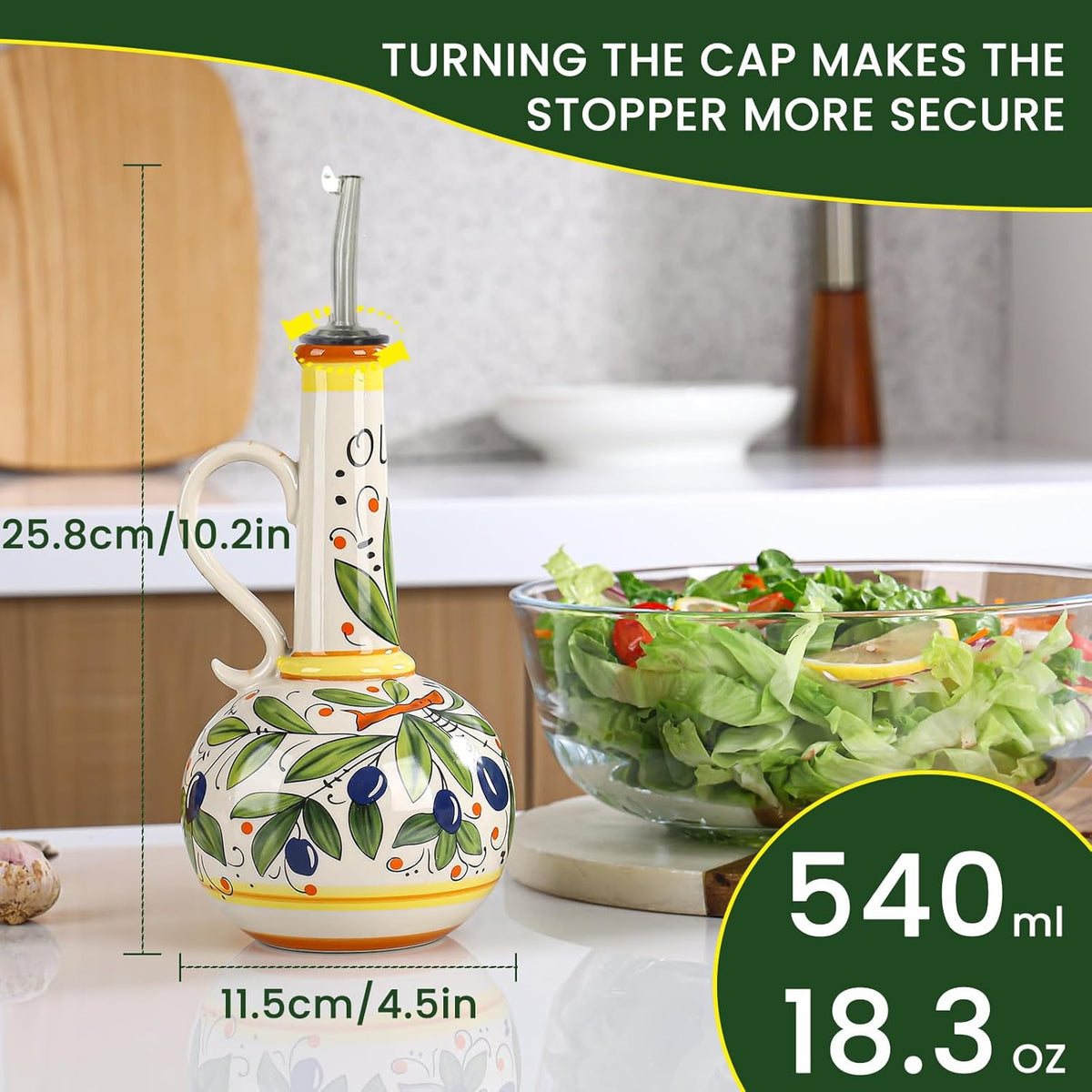 18 oz Ceramic Olive Oil Dispenser Bottle for Kitchen, Large Capacity Oli and Vinegar Cruet with
