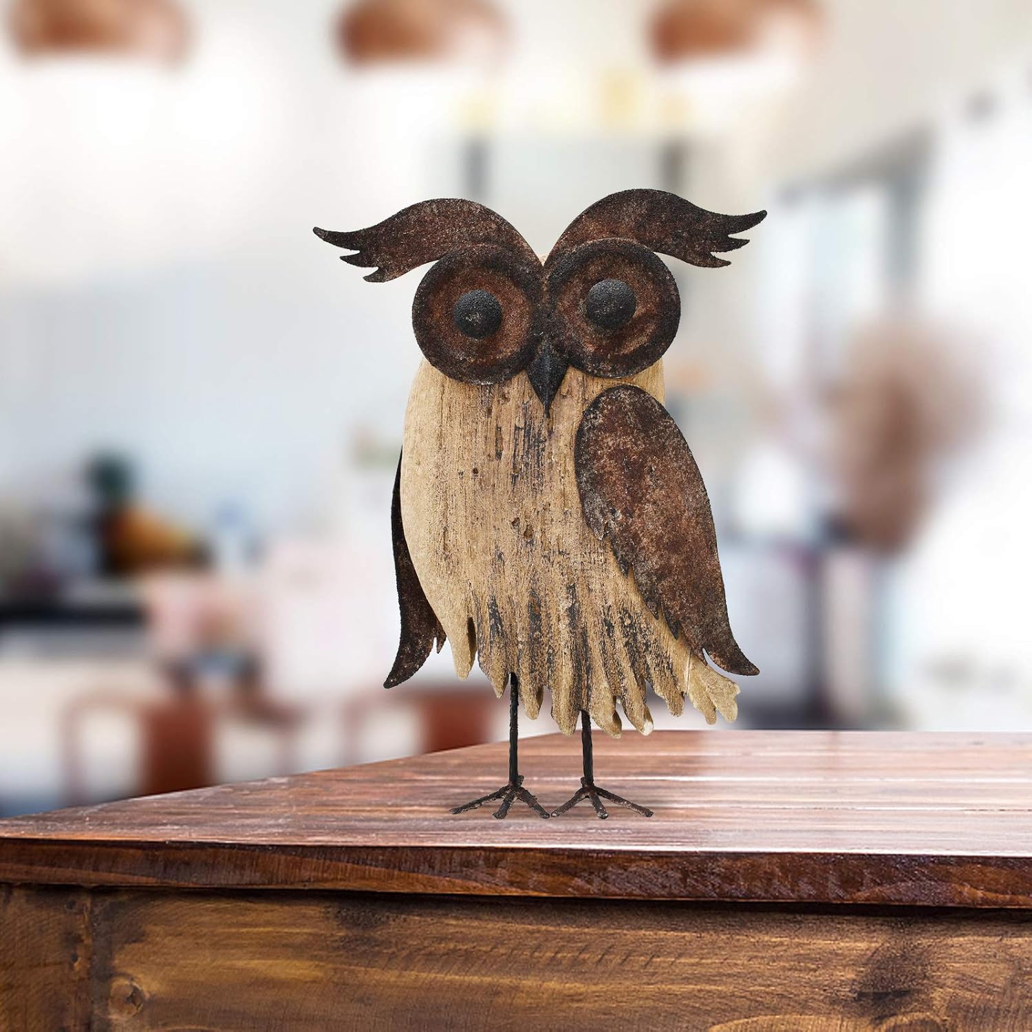E-view Rustic Owl Figurines Decor Animal Statue for Home-Wooden Stand Owl Sculptures Decorations