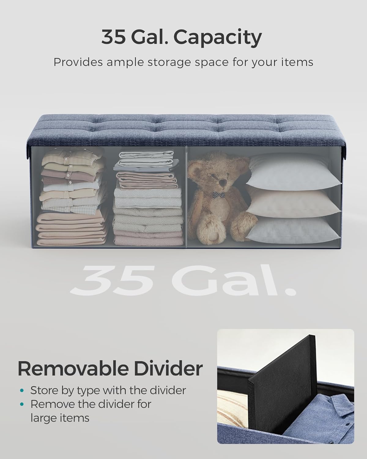 SONGMICS MAZIE Collection - 43 Inches Folding Storage Ottoman Bench, Ottoman Foot Rest, End of Bed