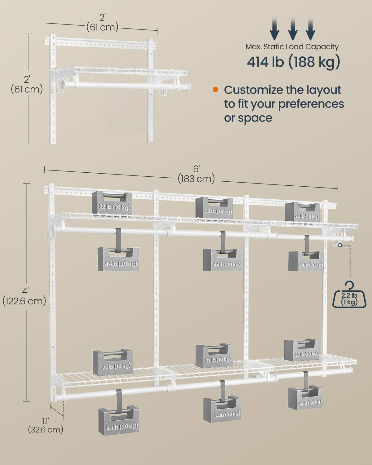 SONGMICS HOME Closet System, Closet Insert Organizer, 4-6 ft, Adjustable Metal Shelving Unit with 6