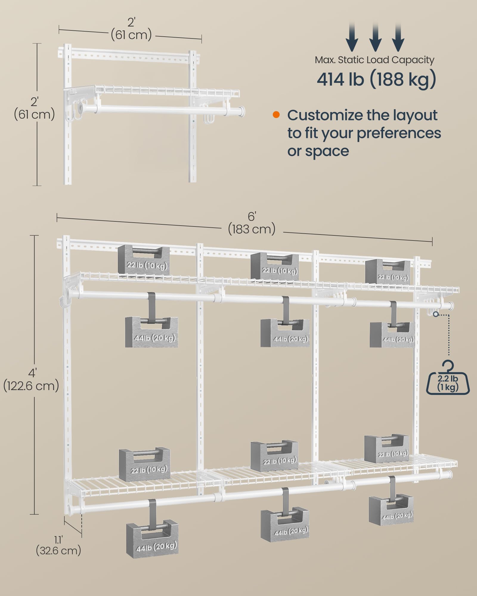 SONGMICS HOME Closet System, Closet Insert Organizer, 4-6 ft, Adjustable Metal Shelving Unit with 6