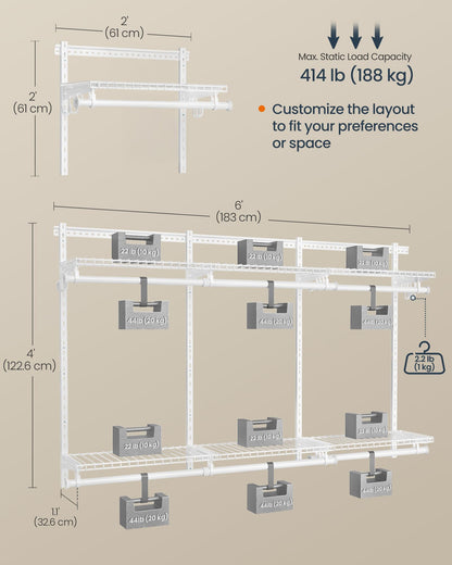 SONGMICS HOME Closet System, Closet Insert Organizer, 4-6 ft, Adjustable Metal Shelving Unit with 6