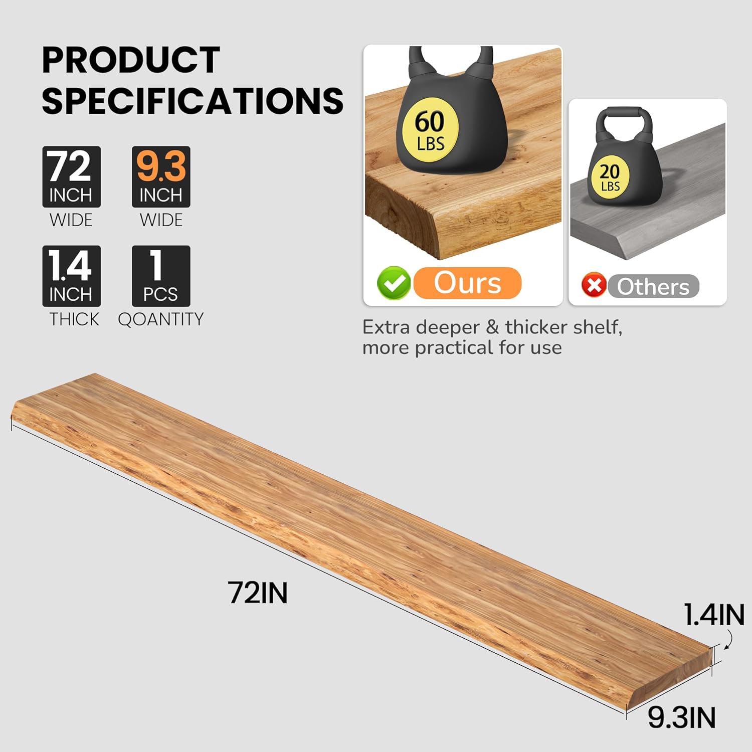 Floating Shelves for Wall, 72"x9.3" Rustic Solid Live-Edge Elm Wood Wall Shelves, Heavy-Duty