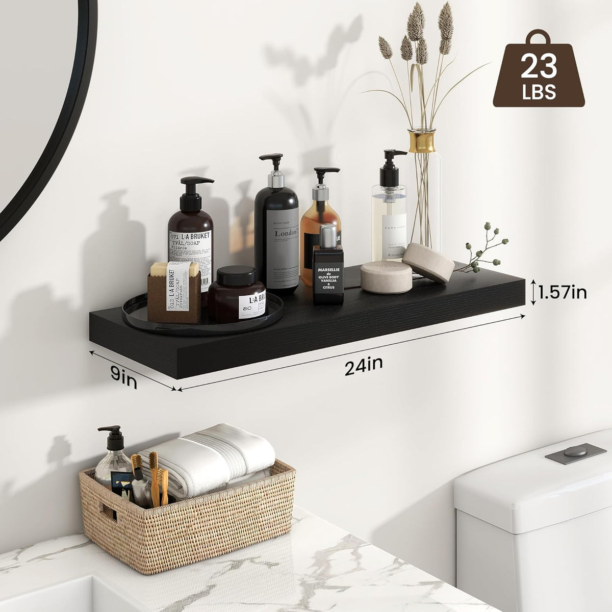 Heimlove 24 inch Floating Shelves for Wall,9.3 inch deep Black Wood Shelves with Invisible