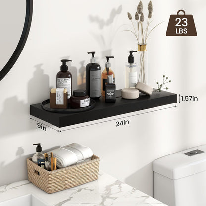 Heimlove 24 inch Floating Shelves for Wall,9.3 inch deep Black Wood Shelves with Invisible