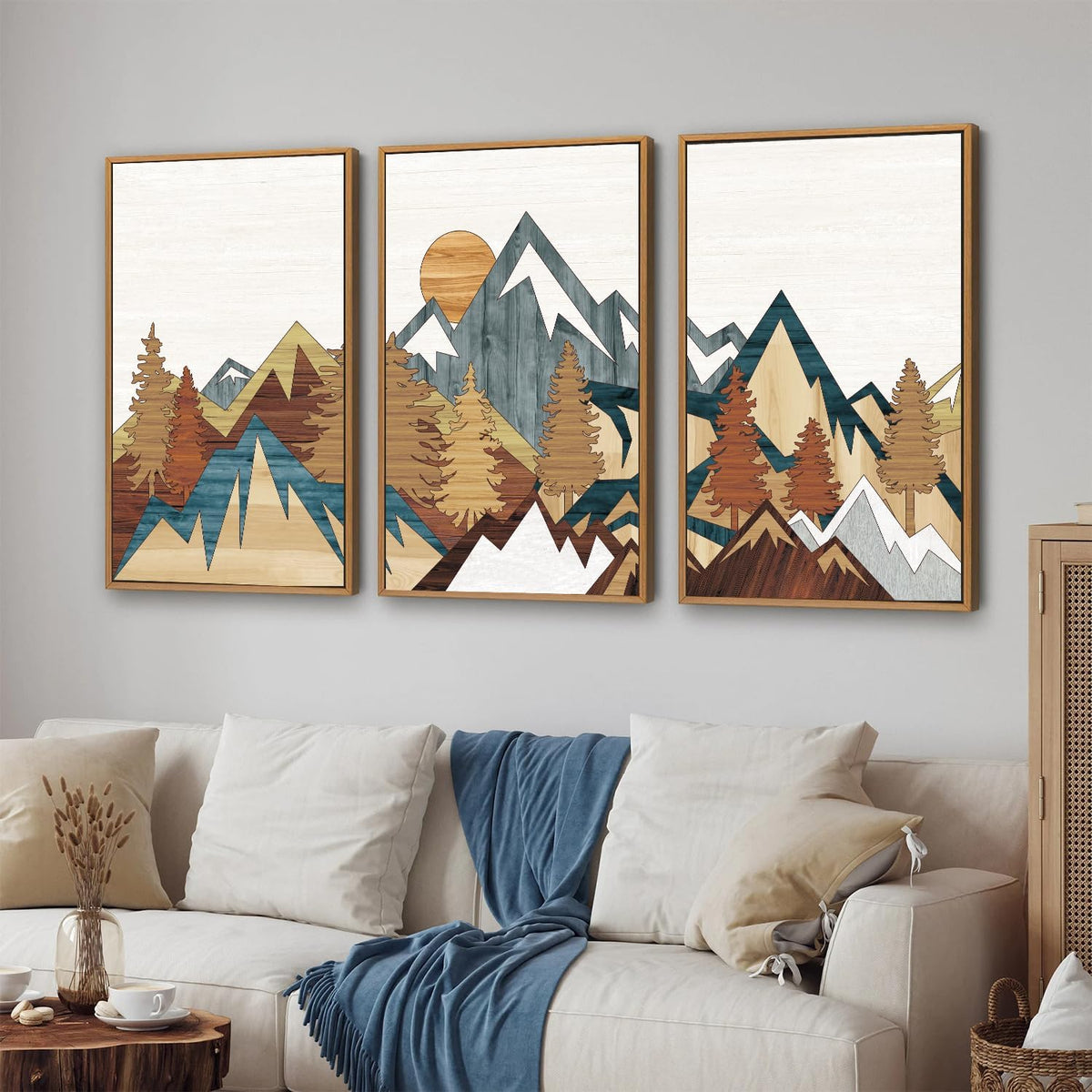 SIGNINART Vintage Mountain Framed Canvas Wall Art Set, Boho Sunrise Art Prints, Forest Nature
