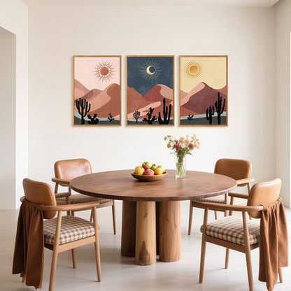 HPNIUB Boho Desert Framed Canvas Wall Art Set, Abstract Sun Moon Art Prints, Modern Cactus