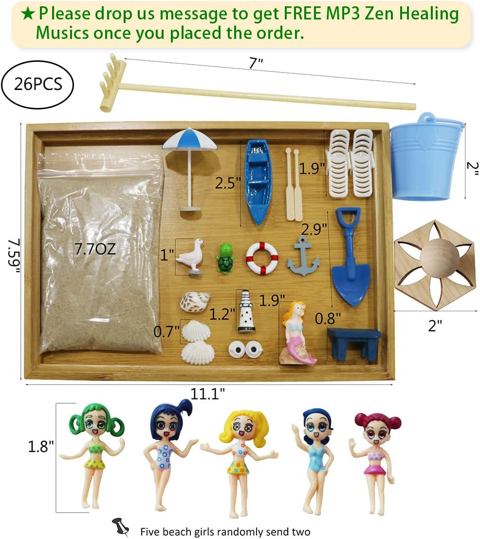 Desktop Miniature Beach Zen Garden - Mini Home Office Tabletop Sandbox Bamboo Rakes Stamps Tray