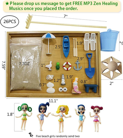 Desktop Miniature Beach Zen Garden - Mini Home Office Tabletop Sandbox Bamboo Rakes Stamps Tray