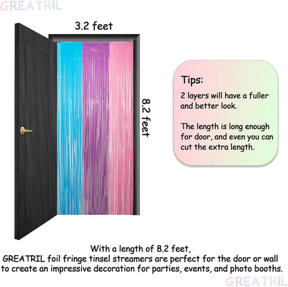 Blue Purple Pink Tinsel Backdrop - GREATRIL Pastel Foil Fringe Curtain Streamers for Pony Theme