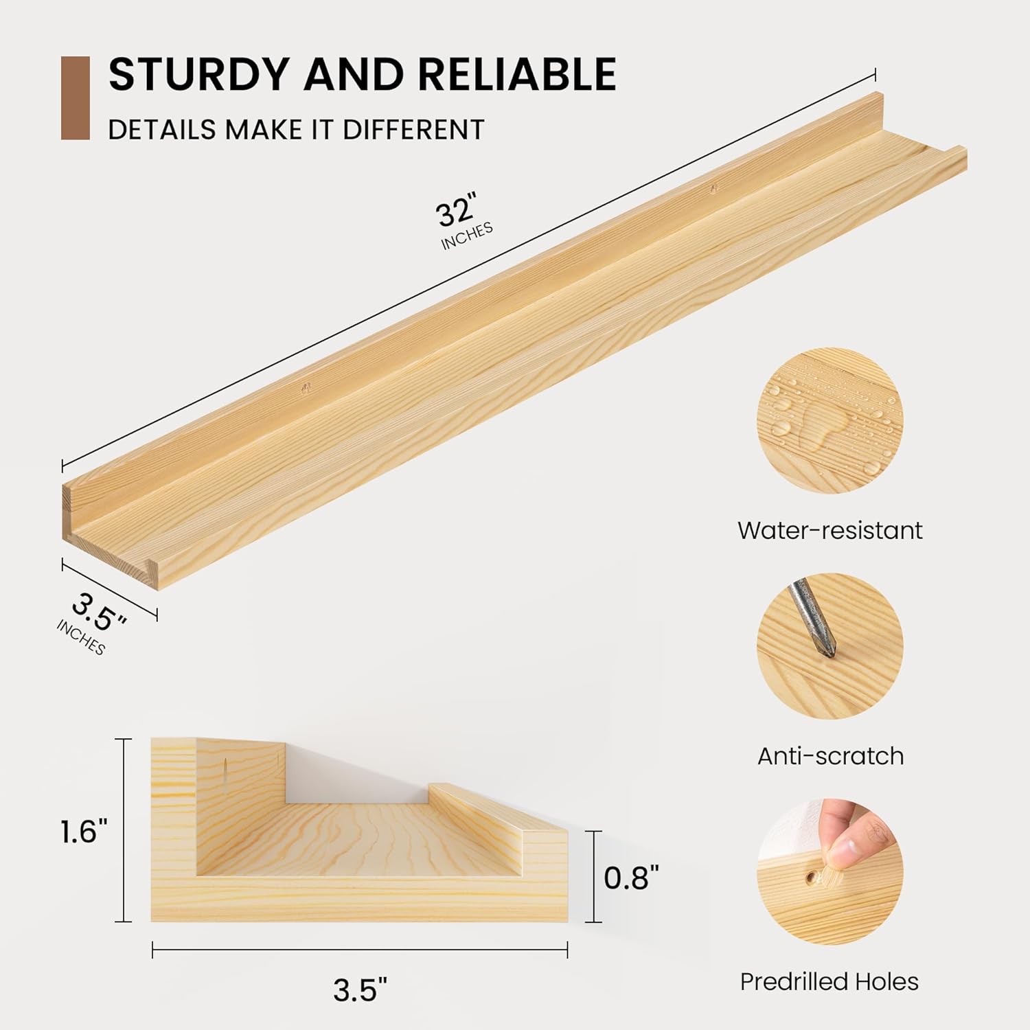Picture Ledge Shelf, Solid Pine Wood Floating Shelves Set of 2, 32 Inches Nursery Book Shelves for
