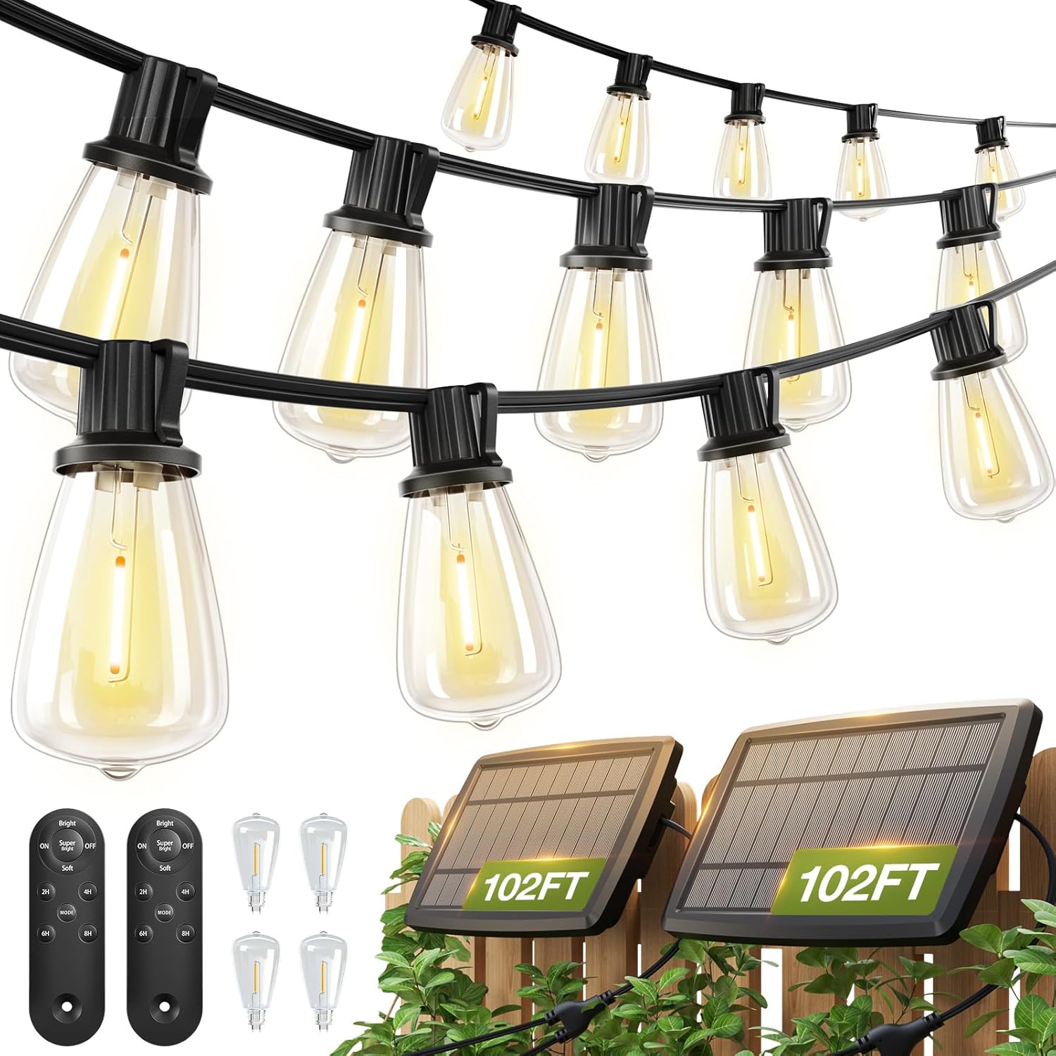 addlon 2 Pack*102FT(96+6) Solar String Lights Waterproof, Patio Lights Solar Powered with Remote &