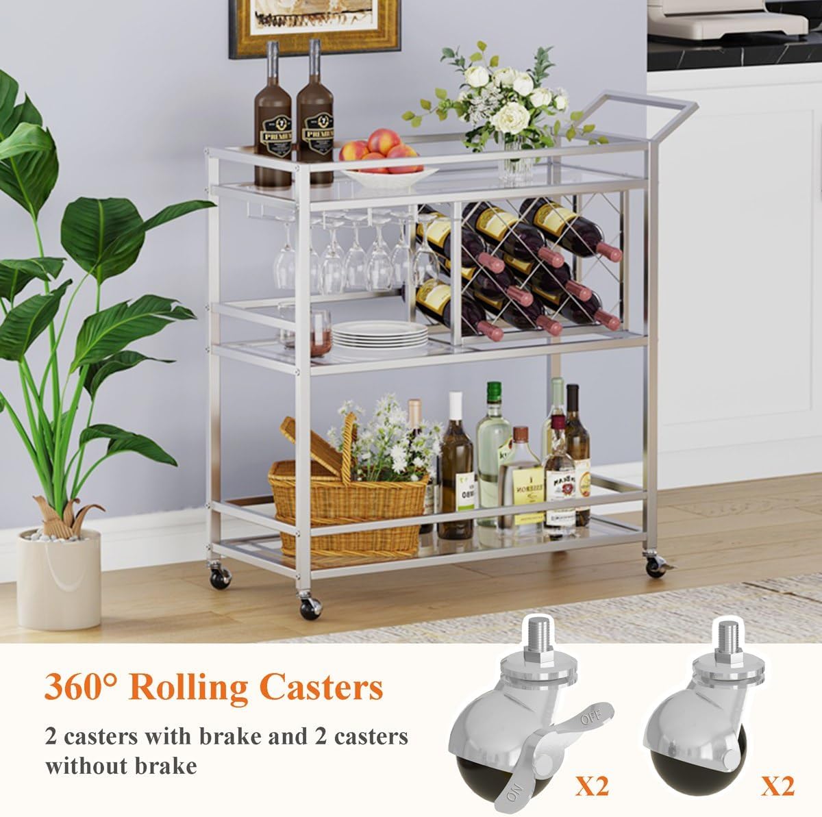 FATORRI Bar Cart Silver, Bar Carts for The Home, Home Bar Serving Carts for Liquor, Rolling Wine