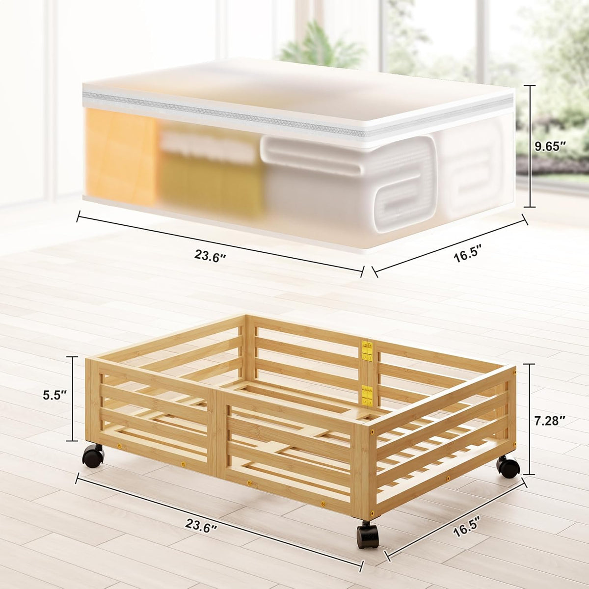Under Bed Storage with Wheels-Large Bamboo Underbed storage Containers with Large Dust Bag