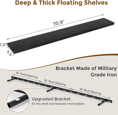 72 Inch Floating Shelves Black, 72 x 9 Rustic Wooden Fireplace Mantel, 9 Inch Floating Shelf for