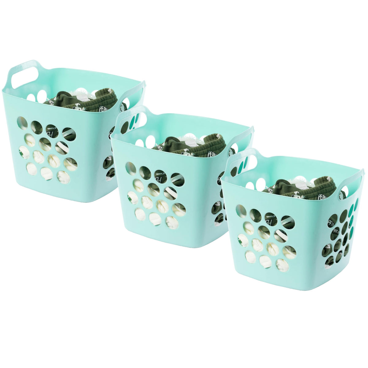 Flexible Plastic Carry Laundry Basket Holder Square Storage Hamper with Side Handles, Green Set of 3