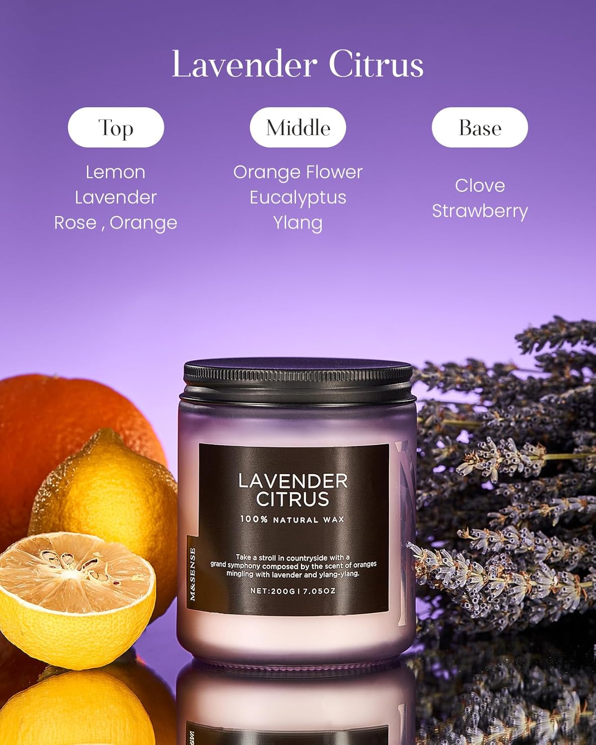 M&SENSE Lavender Citrus Scented Candle, Natural Soy Wax for Home Scented, Stress Relief 7.05oz 50H