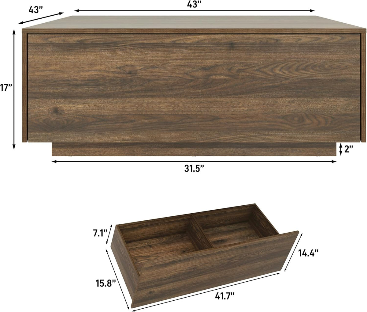 43” Square Coffee Table with Storage, Modern Large Square Center Table with 2 Drawers, Wood Coffee