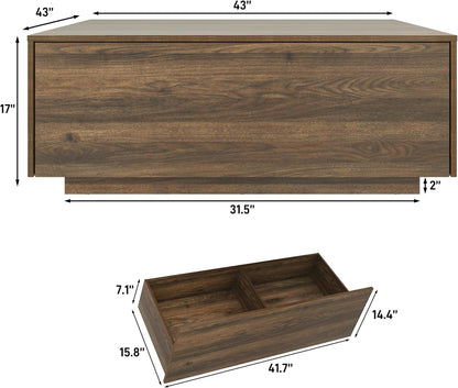 43” Square Coffee Table with Storage, Modern Large Square Center Table with 2 Drawers, Wood Coffee