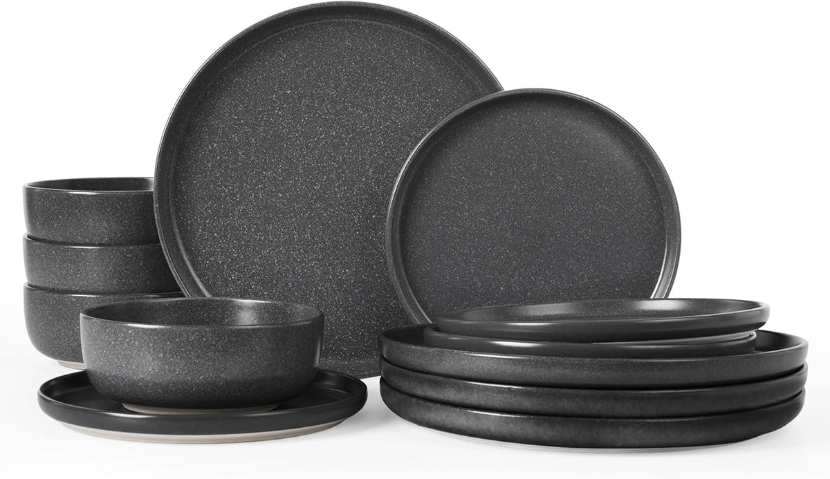 Famiware Milkyway Plates and Bowls Sets, 12 Pieces Dinnerware Sets, Reactive Glaze Dish Set