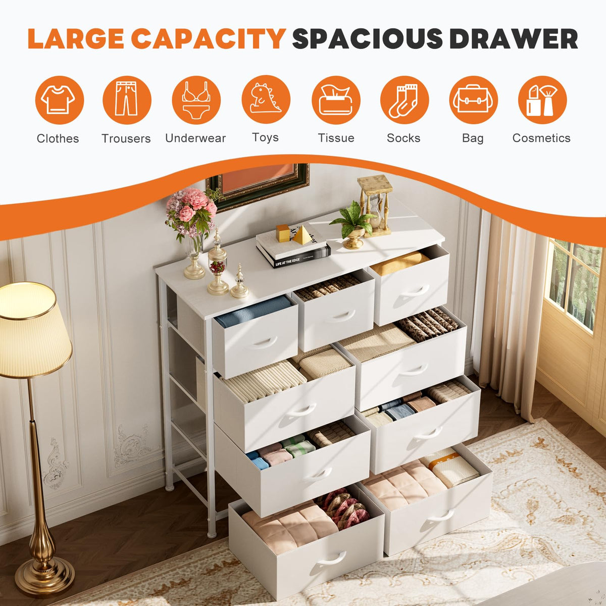 Sweetcrispy 9 Drawer Fabric Dresser Storage Tower Drawer Organizer, White