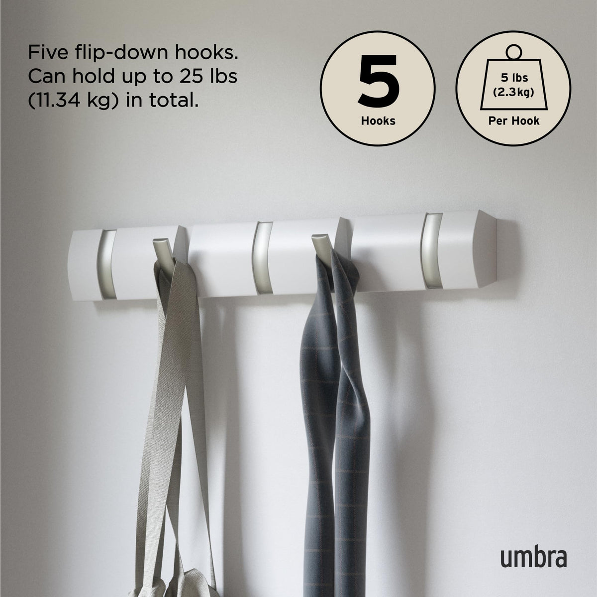 Umbra Flip Coat Rack, Wall Mounted 5-Hook Space Saving, White/Nickel